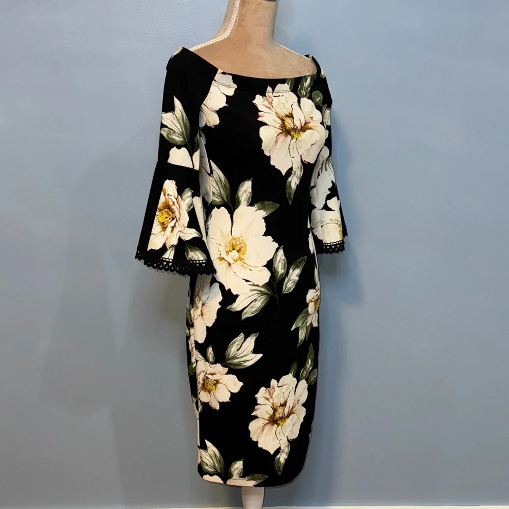 Premier Amour Chic Black Floral Midi Dress with Bell Sleeves Size 6 - Picture 5 of 13